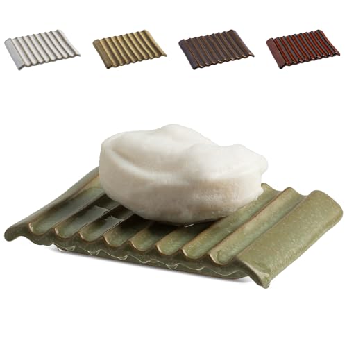Zoeeker Soap Dish, Ceramic Soap Holder Bar Soap Saver Non-Slip Bathroom Accessories for Sponges, Scrubber, Razor, Green - color: Green, size: Wave