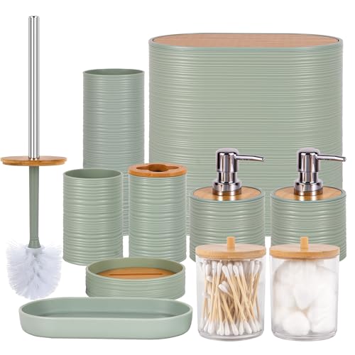 Bathroom Accessory Set,10 PCS LightGreen Bathroom Set with Trash Can,Toothbrush Holder,Soap Dispenser,Toothbrush Cup,Vanity Tray,Soap Dish,Toilet Brush,Qtip Holders - color: Lightgreen