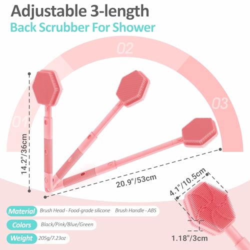 Silicone Back Scrubber for Shower, 16''-21''Extendable Shower Back Scrubber with Dual-Side Large Brush Head, 3-Length Back Brush Bath Brush with Strong Handle & Rich Foaming Bristles(Pink) - color: Pink