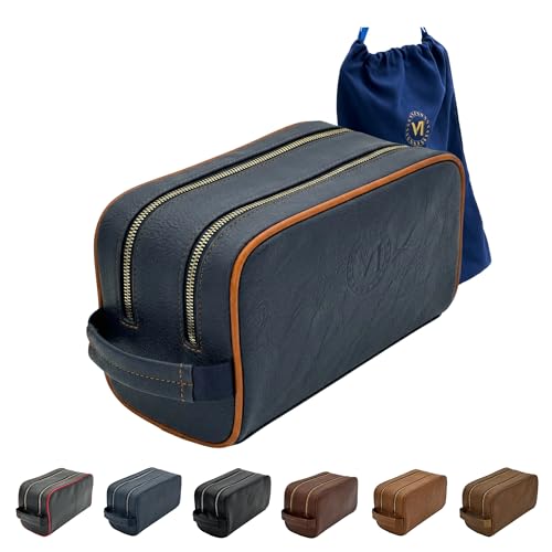 Mens Toiletry Bag, Premium PU Leather Travel Kit, Metal Zippers & Bottom Studs, Velvet Dust Bag & Shape-Retention Packaging – Gift Ready For Groomsmen, Anniversary, Birthday Gifts/ NAVY/ORANGE - color: NAVY BLUE/ORANGE