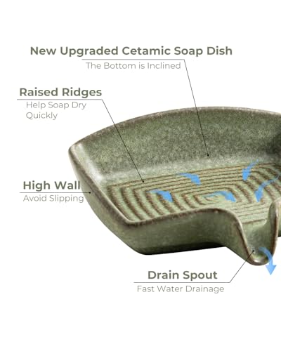 Self Draining Soap Dish, Ceramic Drain Soap Holder Waterfall Design Soap Saver for Shower, Bathroom, Sink, Kitchen and Countertop, Keeps Dry, Green - color: Green, size: Rectangular