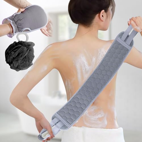 Back Scrubber Set, 3Pcs Bath Gloves and Shower Loofah Sponge for Body Scrub and Daily Shower Cleaning(Grey) - color: Grey