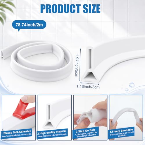 1.97" High Collapsible Shower Threshold Water Dam, 78 Inch Silicone Shower Water Splash Dam Guard Strip Barrier for Bathroom Floor, Wet and Dry Separation Bathroom and Kitchen - style: 1.97"