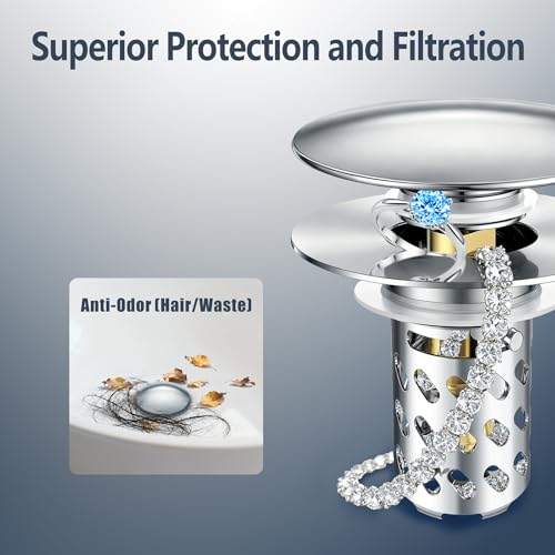 Bathroom Sink Stopper Pop-Up Sink Drain Strainer Hair Catcher | Universal 1.1"-2.17" Drains, Brass Core & Stainless Steel Mesh, Hair Catcher 2 in 1 bathroom Sink Stopper Strainer - color: Chrome-diagonal Holes