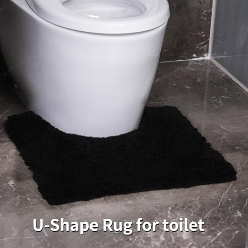 3 Pieces Luxury Bathroom Rug Set with U-Shaped Toilet Rug, Non-Slip Rubber Bottom, Thick Microfiber Fluffy Plush, Water Absorption, Quick Dry, Ultra Soft, Bath Mats for Bathroom, Tub(Black) - color: Black