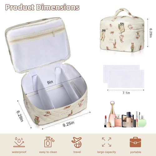 Gosect Makeup bag, Large Cosmetic Bag for Women Girls, Cute Quilted Makeup Bags, Floral Coquette Aesthetic Toiletry Bag, Travel Make Up Organizer Bag (Bear) - color: Bearr