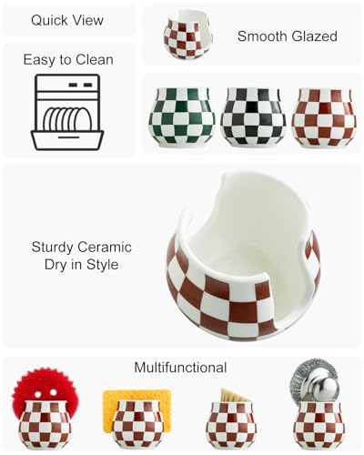 Checkered Sponge Holder for Kitchen Sink Counter, Ceramic Dish Sponge Caddy White Sink Organizer Dish Rack Farmhouse Brush Holder for Bathroom, Brown and White - color: Brown and White, size: Barrel-type