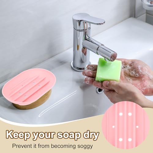 uxcell 3Pcs Small Soap Dish, Silicone Bathroom Soap Holder Oval Shape Bar Soap Dish Self-Draining Soap Tray with Holes for Shower, Bathroom, Kitchen, Counter Top (Pink) - color: Pink