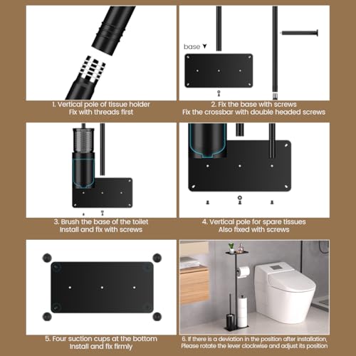 Modern Bathroom Toilet Paper Holder Stand, Black Metal, with Storage Shelf, Brush Holder, 3-Roll Storage, Freestanding Design
