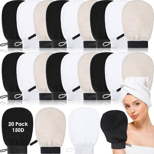 FoldTier 20 Pcs Exfoliating Glove Bulk Summer Exfoliator Mitt Body Scrubber 150d Viscose Fiber Skin Korean Scrub Mitt for Spa Massage Dead Skin Remover for Men and Women(20 Pcs,Black, White, Gray) - color: Black, White, Gray