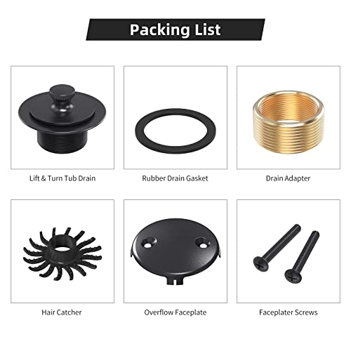 Matte Black Tub Drain and Overflow Kit, Replacement Bath Tub Drain Trim Set,Lift & Turn Bathtub Drain Kit with 2-Hole Overflow Faceplate Conversion Kit Assembly Fine/Coarse Thread - color: Matte Black