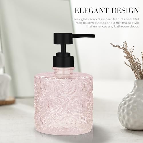 Marcella Glass Soap Dispenser with Soap Pump, Refillable 14 Ounce Capacity, Floral Design Rose Patterns, Heavy Weight Thick Glass for Bathroom, Premium Kitchen Soap Dispenser Peach Blush - color: Peach Blush