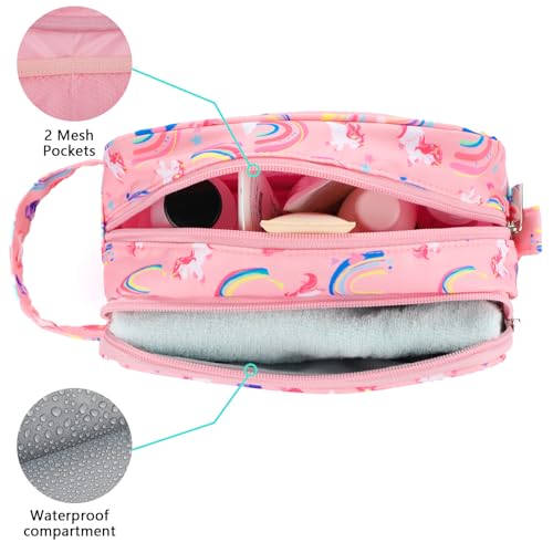 Unicorn Kids Toiletry Bag for Girls, Travel Toiletry Bag for Little Young Girls Cosmetic Bag Makeup Bag Waterproof Hanging Wash Bag Toddler Toiletries, Rainbow Pink - color: Rainbow Unirorn