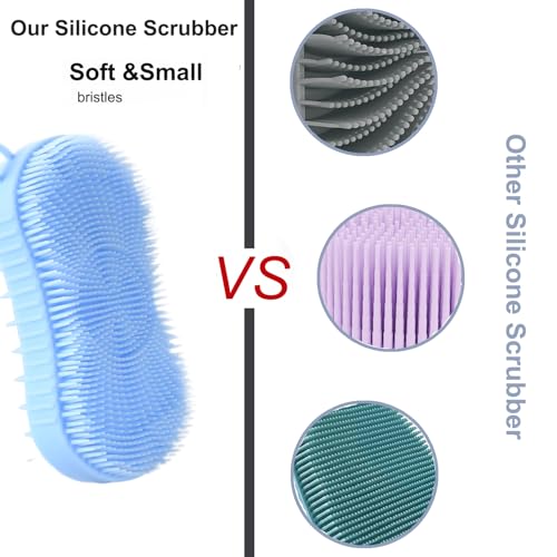 Silicone Body Scrubber, Double Sided Exfoliating Brush with Soft Flexible Bristles, Scalp Massage and Shampoo Tool with Hanger Loop, (Blue) - color: Blue