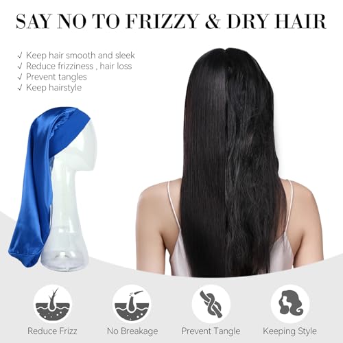 Long Bonnet for Braids-Silk Press Wrap for Hair Set Satin Big Bonnet Anti Frizz 2 Piece Set Reusable Elastic Mesh Wrap Cap Braid Accessories for Curly, Braids Hair (black net, blue bonnet) - color: Black Net, Blue Bonnet