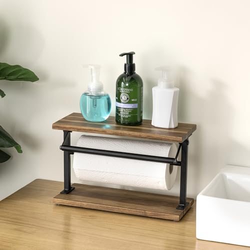 MyGift Premium Solid Acacia Wood Paper Towel Holder with Top Display Shelf and Matte Black Metal Frame, Freestanding Kitchen Countertop Disposable Roll Dispenser Storage Rack - color: Acacia Wood