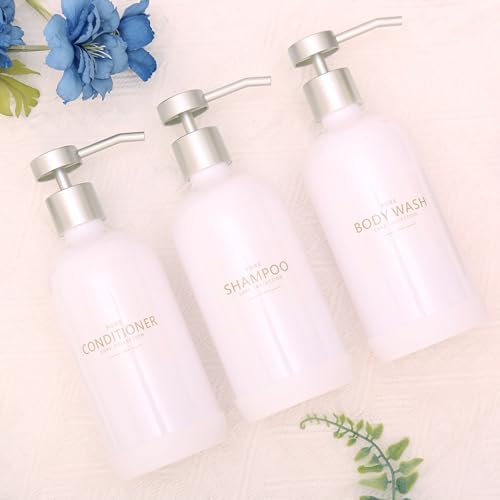 Shampoo and Conditioner Dispenser Set of 3,Refillable 21oz Shampoo Bottles with Non-Slip Protective Silicone Pad,Shower Soap Dispenser with Waterproof Labels for Bathroom (White) - color: White Bottles + Silver Pumps