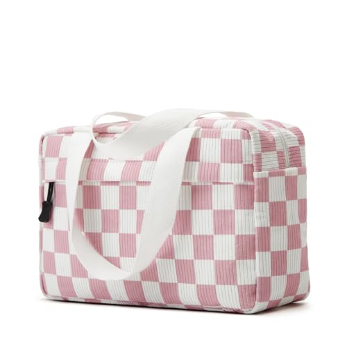 Large Makeup Bag for Women Corduroy Cosmetic bag Make up Bags Zipper Pouch with handle Cosmetic Organizer Toiletry Bag for Travel Storage - color: 22-Checkered Pink White