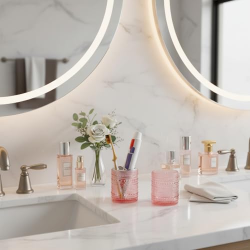 Pink Toothbrush Holders for Bathrooms, Glass Toothbrush Holder with 2 Slot Divider, 10oz Bathroom Tumbler and Mouthwash Cup, Tooth Brush Holder for Brushes, Toothpaste - color: Pink