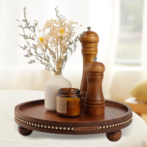 Farmhouse Decorative Round Tray, 11.81 Inch, Versatile Centerpiece Tray for Coffee Table Kitchen Living Room Bathroom, Home Decor Accent Brown Color - color: Brown