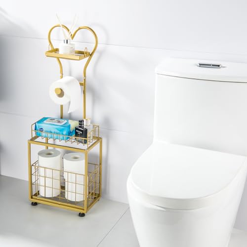 Freestanding Toilet Paper Holder, Drawer Style Storage Compartment, with Storage Shelf Reserve for Phone Tablet Magazine Bathroom Organizer (Gold) - color: Gold