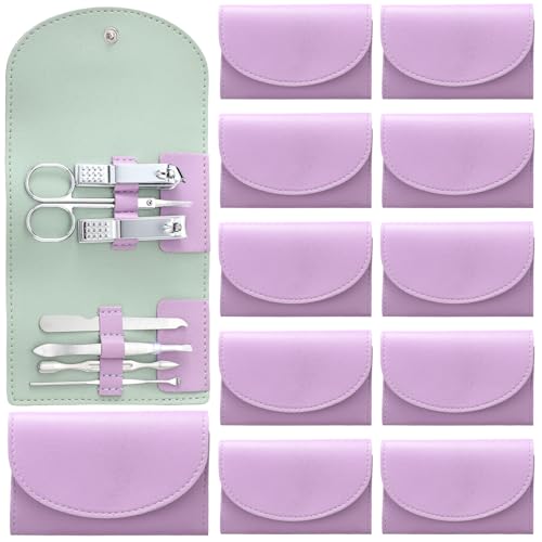 12 Set Manicure Set Bulk Mini Manicure Nail Clipper Kit 7 in 1 Stainless Steel Professional Nail Care Pedicure with Travel Portable Bag Grooming Kits for Women Men Home(Purple) - color: Purple