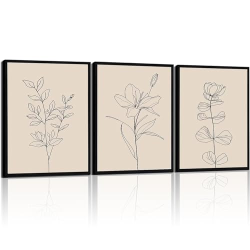 CHTEXA Minimalist Botanical Wall Art Set Of 3 Framed Canvas Prints Neutral Beige Plant Line Art Decor For Living Room Bedroom Bathroom Office 12x16 Inch - size: 12x16 inch