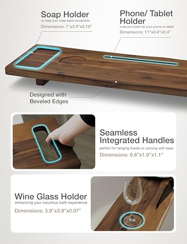 Tinamo Acacia Bathtub Tray Caddy with Adjustable Legs - Bath Tub Tray for Freestanding Tubs - 39x9.75 Inch Large Wooden Anti-Tipping Tub Tray for Bathtub with Accessories Holders (Walnut, 39x9.75) | Acacia Wood, Adjustable Width, 39" x 9.8" x 2.5", Multi-