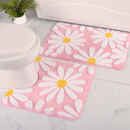 QJHOMO Bathroom Rugs Sets 2 Piece Cute Daisy Bath Mat Pink Toilet Rug U Shaped, Flower Deocr Bathroom Set Non Slip Contour Bathmat, Super Absorbent Microfber Floor Mats Machine Washable Carpets - color: Pink, size: 1'8" x 2' (Rectangular & U-Shape)