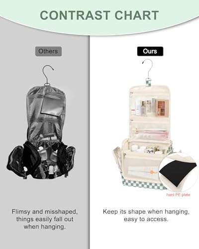 Relavel Travel Toiletry Bag for Women Makeup Bag Cosmetic Organizer Toiletries Bag with Hanging Hook for Travel Size Essentials Accessories Shower Caddy Bag for Bathroom Beach Gym, Green Checkerboard - color: Green Checkerboard