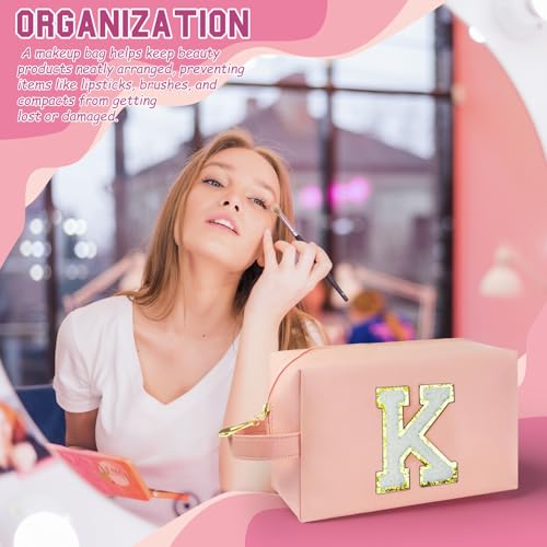 Personalized Initial Makeup Bag with Handle, Preppy Cosmetic Bag with Inner Zipper Pocket, 8 9 10 11 12 13 14 Years Old Girl, Graduation Gifts for Teen Girls Women Teachers (K, Pink) - color: Pink, style: K
