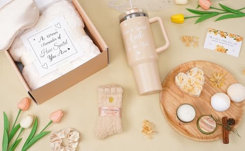 Mothers Day & Birthday Gifts for Women - Tova's Creations 13-Piece Vanilla Coconut Spa Gift Basket with 40 OZ Tumbler & Luxury Flannel Blanket for Mom, Wife, Grandma - color: Tan