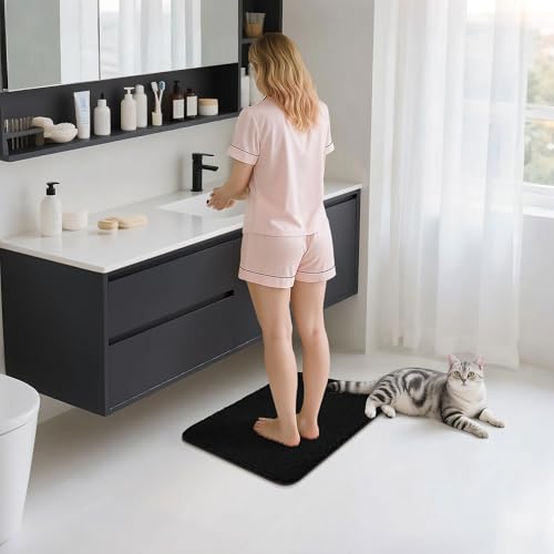 COSY HOMEER Bathroom Rugs Mat 16”x24” Absorbent Non-Slip Bath Mat Plush Shaggy Machine Washable Bath Rugs Soft Polyester Bath Mats for Bathroom Floor,Tub and Shower,Black - color: Black, size: 1'4" X 2' (Rectangular)