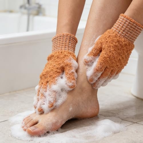 Exfoliating Bath Gloves 2 Pairs - Heavy Texture Body Scrub Gloves for Shower, Spa, Massage and Body Scrubs, Dead Skin Remover, Washing Gloves with Hanging Loop(Orange) - color: Orange