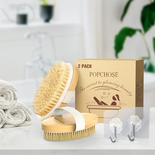 POPCHOSE Dry Brushing Body Brush, Natural Bristle Dry Skin Exfoliating Brush Body Scrub for Flawless Skin, Cellulite Treatment, Lymphatic Drainage and Blood Circulation Improvement - size: 2 Count (PP+Boar Bristles)