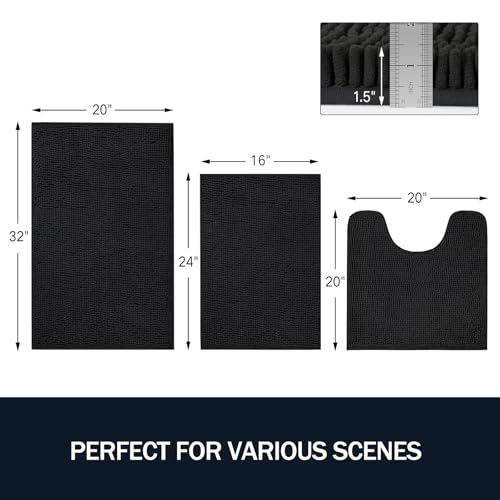 LINLA 3 Pieces Bathroom Rug Set, Absorbent Non Slip Chenille Bath mat, Thick Plush Chenille Carpet Mats Set,Washable Dry Quickly with U-Shaped Toilet Mat for Tub, Shower（Black） - color: Black