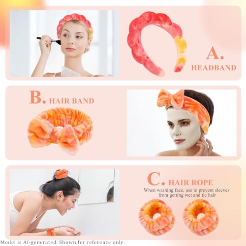 Headband for Washing Face Wristband Set, Tie-dye | Soft absorbent fabric, snug head-hugging fit for face washing, skincare, makeup, masks, travel, women and teen girls - color: Tie-dye orange