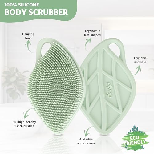Sndyi Silicone Body Scrubber, Gentle Exfoliating Body Scrubber for Sensitive Skin, Leaf Shaped Shower Scrubber for Body with Lathering Bristles, Silicone Loofah Body Brush for Showering, Green - color: Green