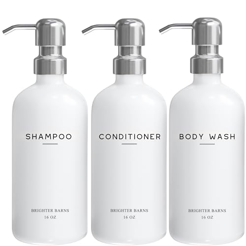 White Shampoo and Conditioner Dispenser Set by Brighter Barns - Shower Dispenser for Bathroom - Refillable Plastic Shampoo Bottle & Stainless Steel Pump - Shampoo Dispenser for Vacation Rental (White) - color: Silver