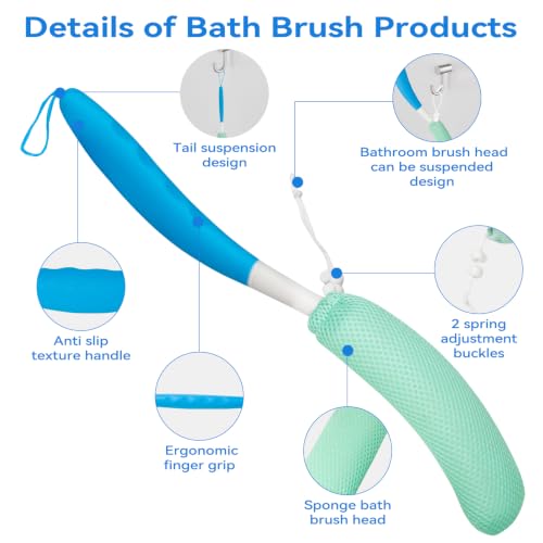 15.35" Back Bath Brush with Sponge,Back Scrubber Bath Mesh with Anti-Slip Curved Long Handle Bath Body Brush for Elderly Aid Bathing and Shower - size: Green+Green Handle