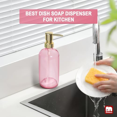 GMISUN Pink Soap Dispenser Bathroom, 1 Pack Glass Dish Soap Dispensers for Kitchen with Rustproof Plastic Gold Pump, 17 Fl Oz Bathroom Hand Soap Dispenser, Modern Liquid Dishwashing Dispensers Bottle - color: Pink Bottle + Golden Pump, size: 1 Pack