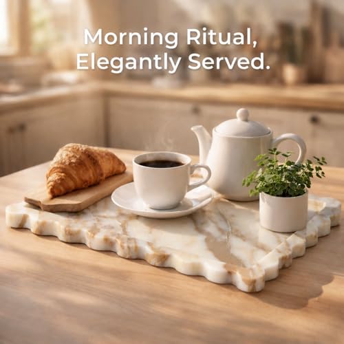 13.6" x 9.6" Large Genuine Calacatta Gold Scalloped Marble Tray, Pre-Sealed for Stain & Water Resistance, Luxury Decorative Trays for Vanity, Bathroom, Dresser, Coffee Table, Home Decor - color: Calacatta Glod