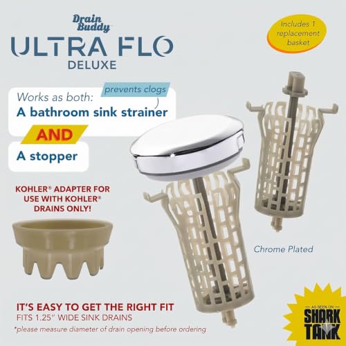 Drain Buddy Ultra Flo- 2 in 1 Bathroom Sink Stopper & Hair Catcher W/Patented Pull Clean Technology! | Fits 1.25” Sink Drains, Clog Preventing | Chrome Metal Cap / 1 Replacement Basket - color: Chrome