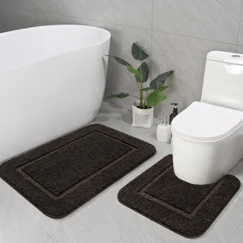 LOCHAS Bathroom Rug Set Brown, Soft Bath Rug Set 2 Piece, Toilet Mat U-Shaped 20x20 and 34x20 Bath Rugs, Quickly Dry Mats for Bathroom, Tub, Washable, Super Absorbent Floor Mat - color: Brown, size: 34" x 20" Plus 20" x 20" (U-Shape)