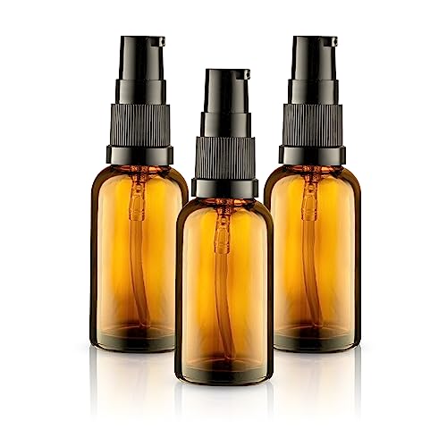 VitalUp 3 Pack Empty Refillable Glass Amber Pump Bottle Ideal for Lotion Cream Essential Oil Travel Small Container, 30ml - size: 3 Pack (30ml)