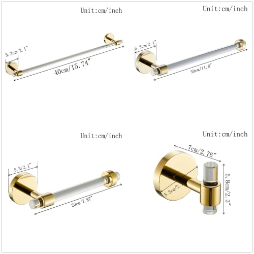 SHUNLI Bathroom Accessories Hardware Set 4 Pieces Wall Mounted,Towel Rack+Hand Towel Holder+Toilet Paper Holder+Hook,Brass and Acrylic,Gold Towel Bar Set - size: 4-Piece (40cm Towel Bar)