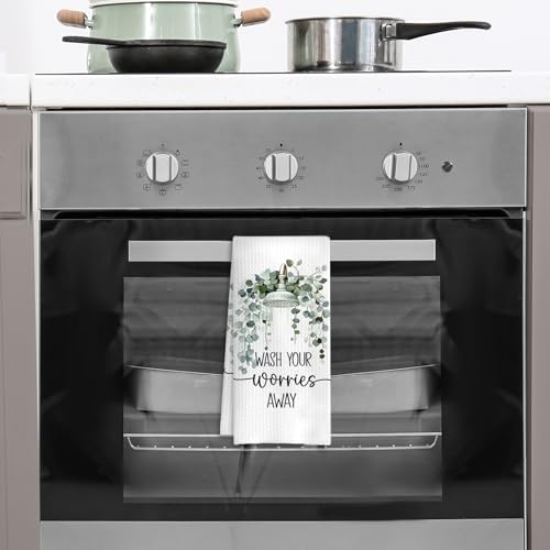 Sage Green Eucalyptus Leaves Bathroom Hand Towels, Wash Your Worries Away Botanical Funny Hand Towels for Bathroom Washroom Restroom Toilet Decor, 16x24 Inches - color: Wash Bathroom a