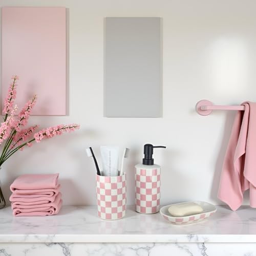 Pink Bathroom Toothbrush holder set, Cute Ceramic Bathroom Accessories, Includes Hand Soap Dispenser, Tooth Brush Holder, and Soap Dish, Funny Bathroom Accessories sets for Girls Woman Guest Bathrooms - color: Girly Pink