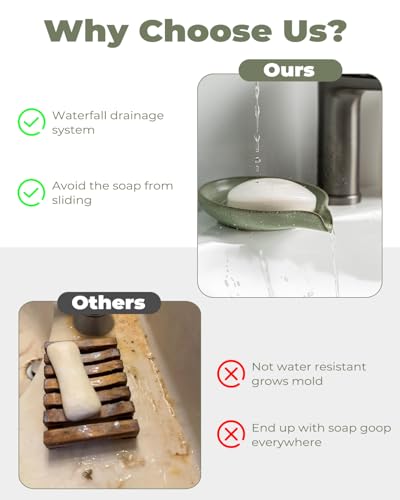 Soap Dishes, Ceramic Shower Soap Dish with Waterfall Design Bar Soap Holder Self Draining Soap Saver for Shower, Bathroom, Sink, Kitchen and Countertop, Green - color: Green, size: Round