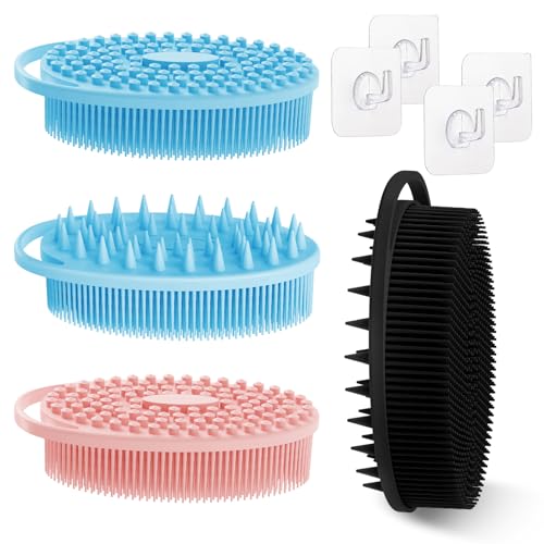 Soft Silicone Body Scrubber 4PCS, 2-in-1 Bath & Shampoo Brush with Dual-Side Usage, Hygienic Silicone Loofah Shower Scrubber for Gentle Exfoliating & Good Lathering(Black/Pink/Blue*2) - color: 4 Color-b